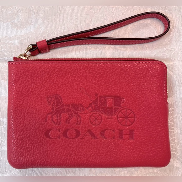 Coach Horse and Carriage leather corner zip wristlet Strawberry Like New EUC - Picture 1 of 6